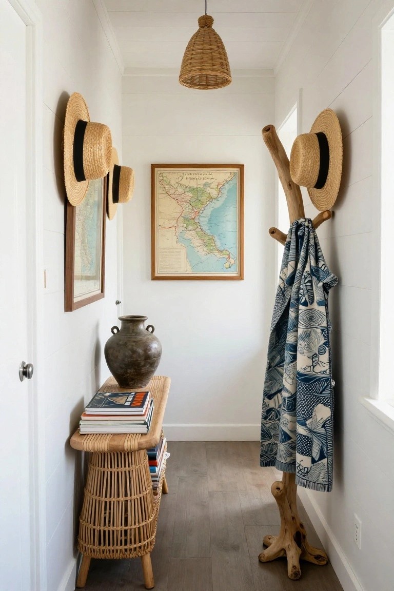 Narrow hallway with straw hats, wooden rack, framed maps, and woven bench.