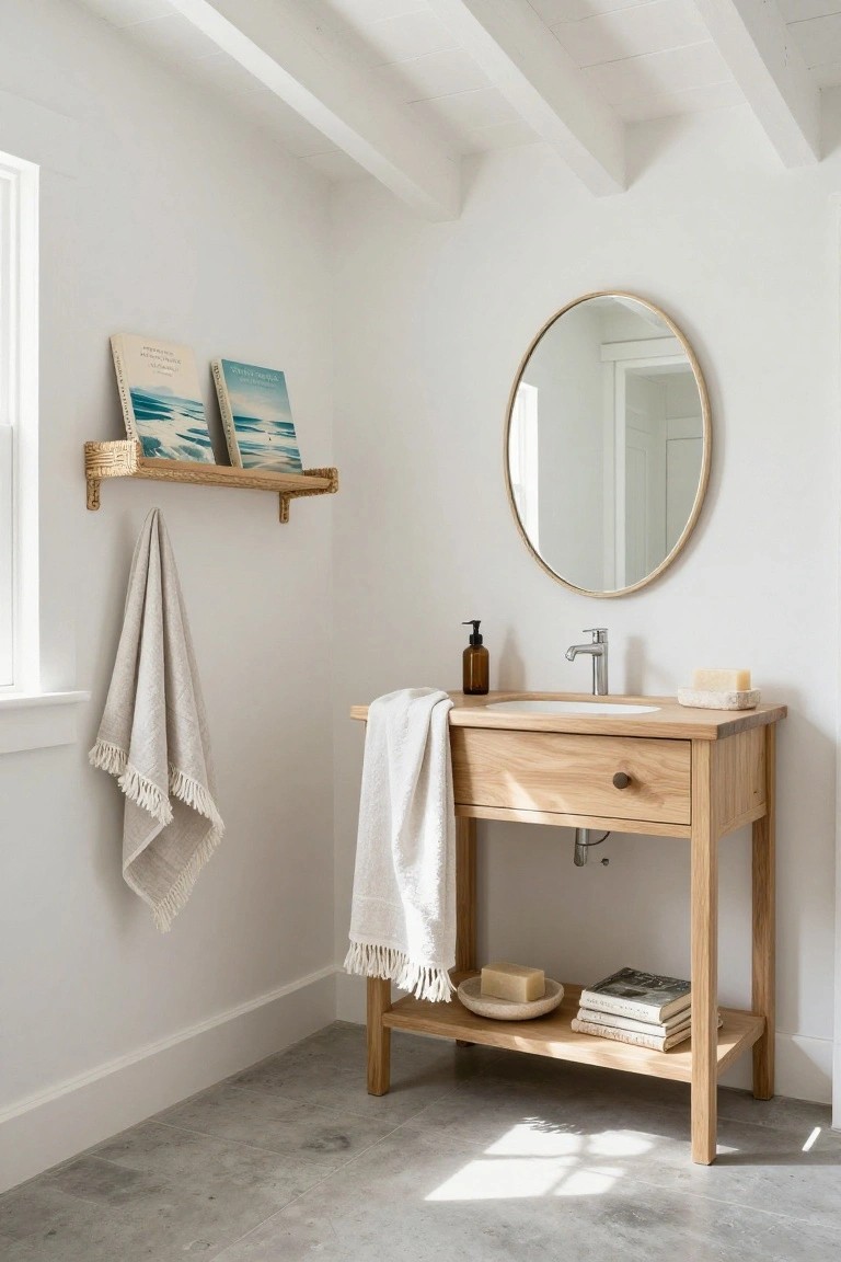 A light wood bathroom vanity with integrated sink, round mirror above, floating shelf holding two books on the adjacent wall, and white towels hanging and draped over the vanity.