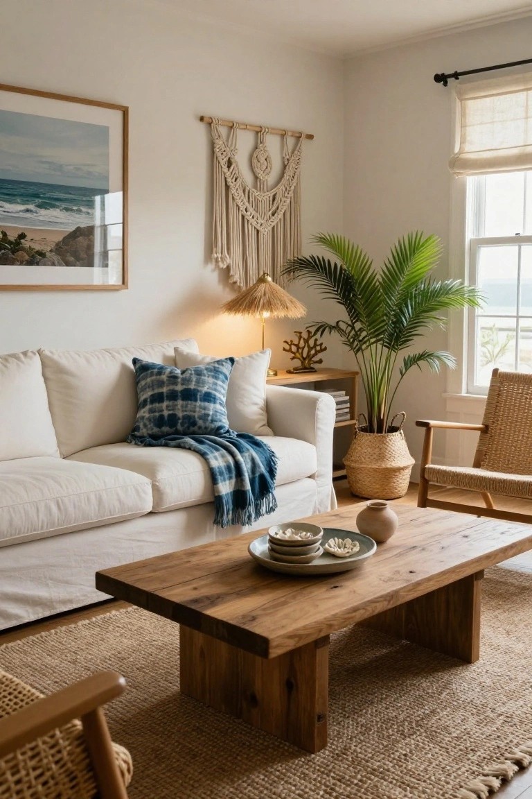 A bright living room with a white sofa, wooden coffee table on a jute rug, large macrame wall hanging, potted palm in a woven basket, and a framed ocean print on the wall.