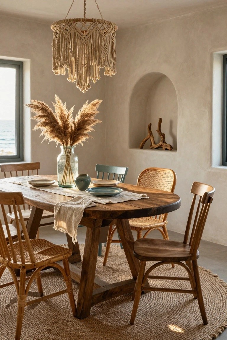 A round wooden dining table with mismatched wooden and cane chairs sits on a woven rug beneath a large macrame pendant light, with pampas grass in a glass vase on the table.
