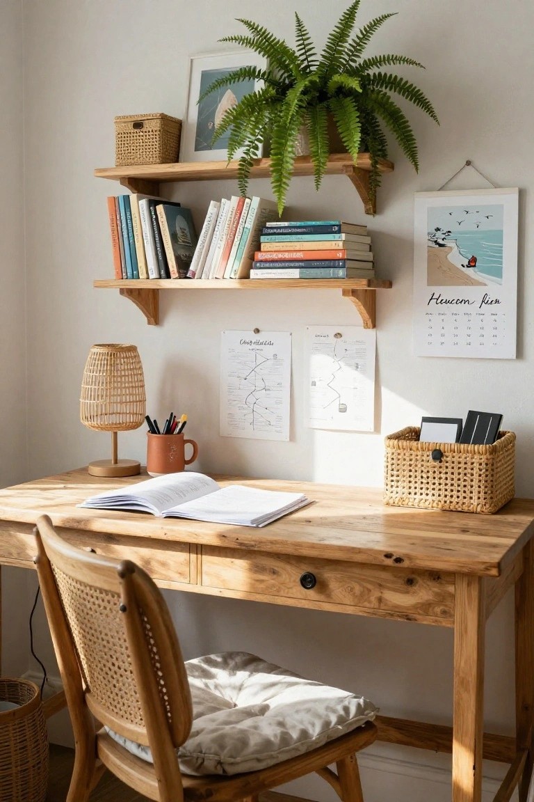 A light wood desk with an open notebook, woven chair, rattan lamp, open shelves with books and a fern, and wall prints in a bright room.