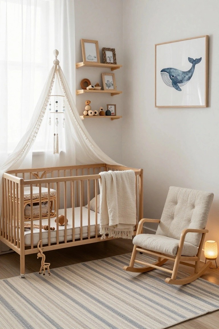 A bright nursery with a light wood crib under a canopy, a wooden rocking chair, wall shelves with small decor, and a framed whale print.