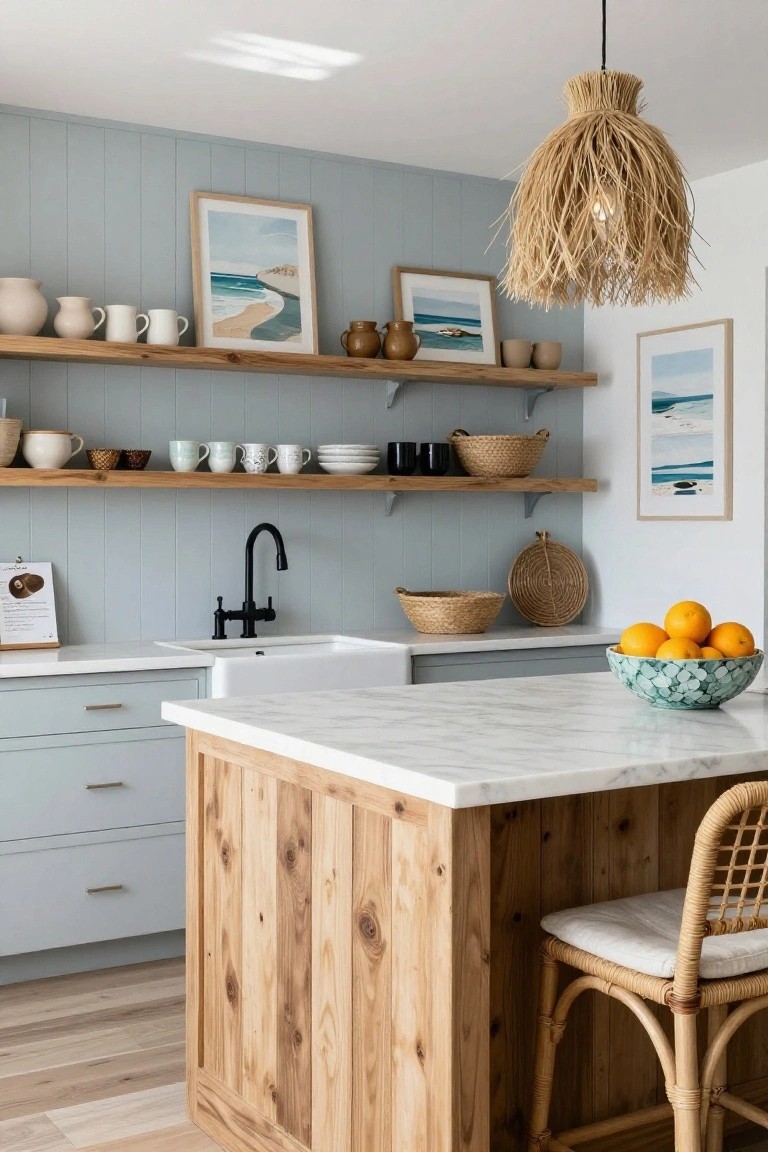 A kitchen with light blue vertical panel walls, wooden floating shelves holding ceramics, framed artwork, and woven baskets above a white farmhouse sink and marble island.