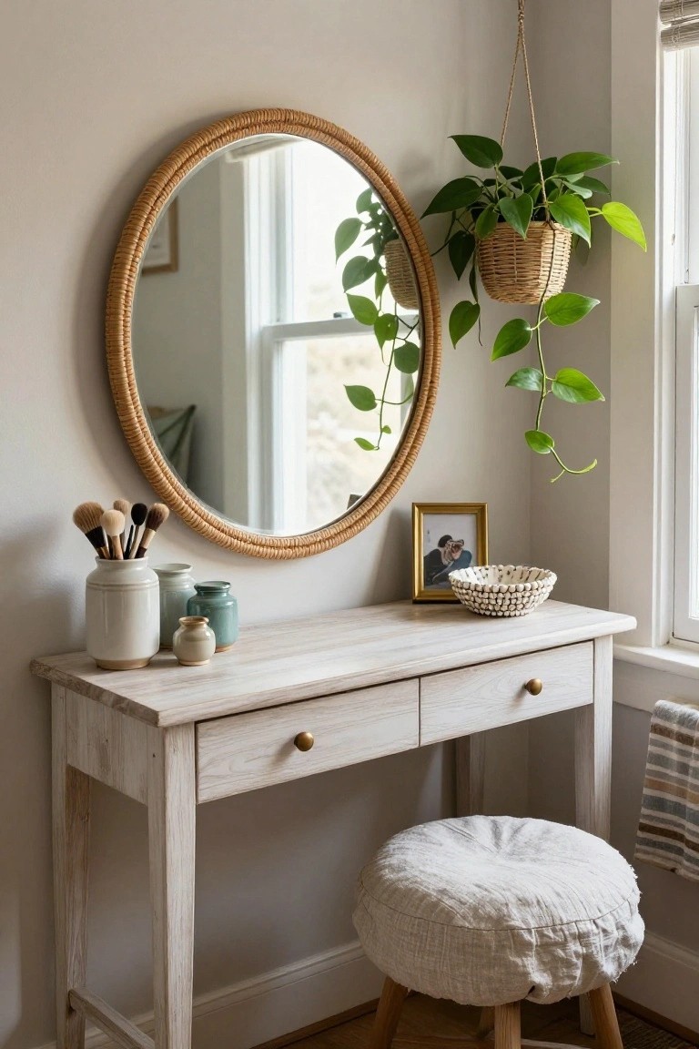 A light wood vanity table with a round rattan mirror mounted above it, a round fabric stool below, and decorative items including makeup brushes in a vase and a hanging plant to the right.