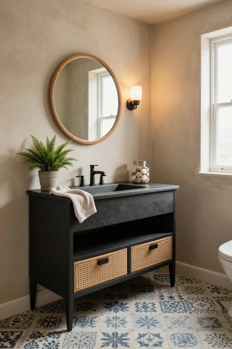 A bathroom vanity with a dark stone countertop and sink, black faucet, and two woven rattan baskets beneath an open shelf, with a round rattan mirror on the wall above.
