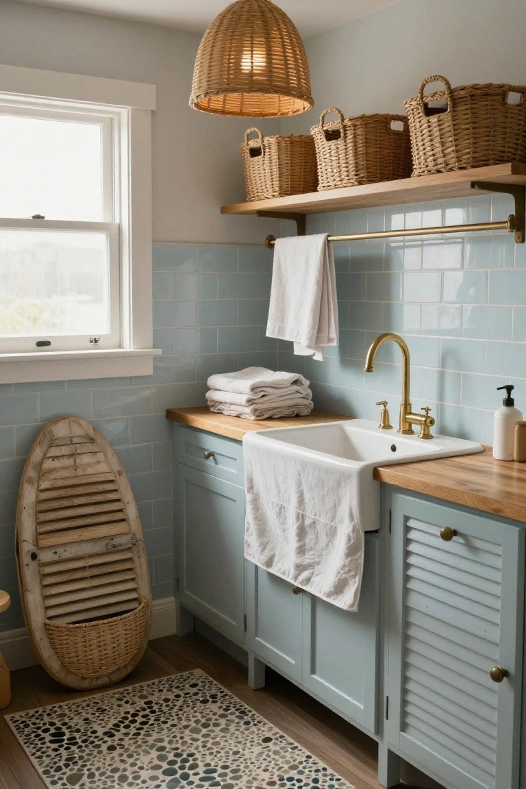Laundry room interior with light blue subway tile, white farmhouse sink, brass faucet, wooden open shelves holding woven baskets, and a vintage washboard leaning against blue cabinets.