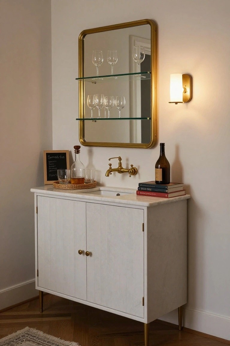 A white wooden bar cabinet with marble top, brass sink faucet, and a large gold-framed mirror above it, set against a light wall.