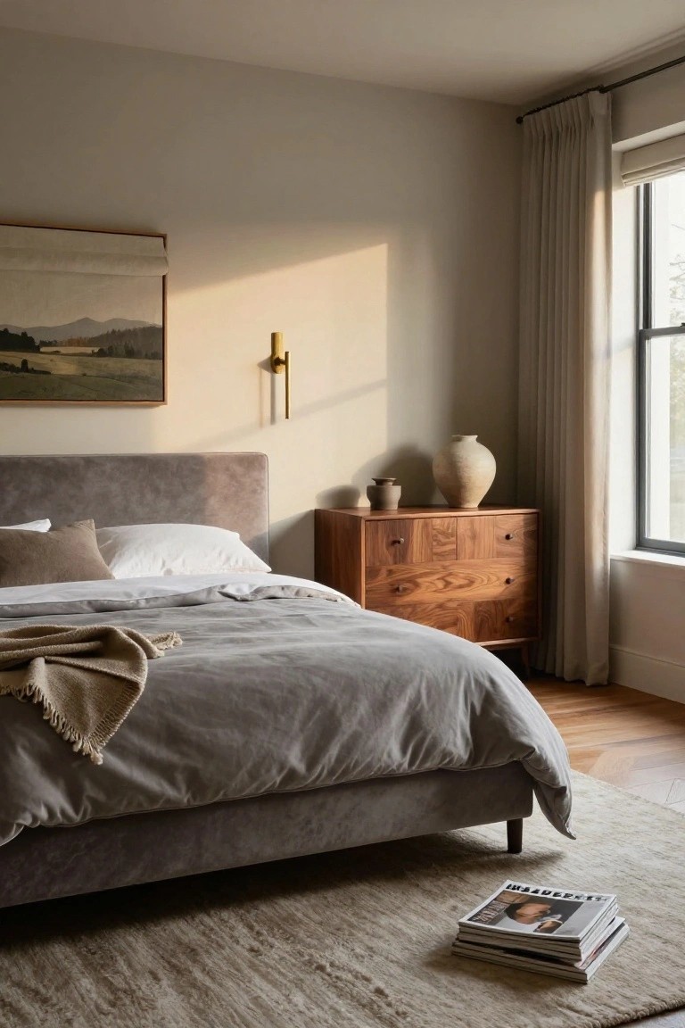 A bedroom featuring a gray upholstered bed on a large beige rug, a wooden dresser against the wall, and a window with light curtains.