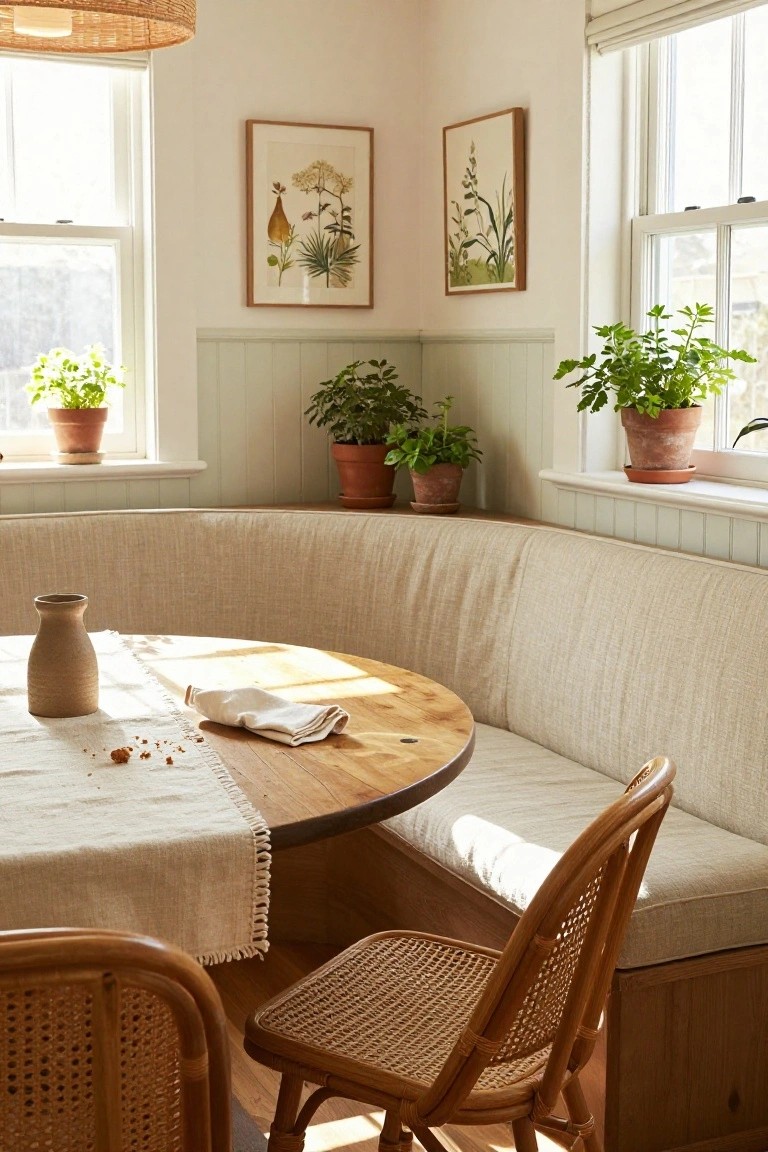 Interior view of a dining nook with a curved built-in bench, round wooden table, and potted plants along the windows.