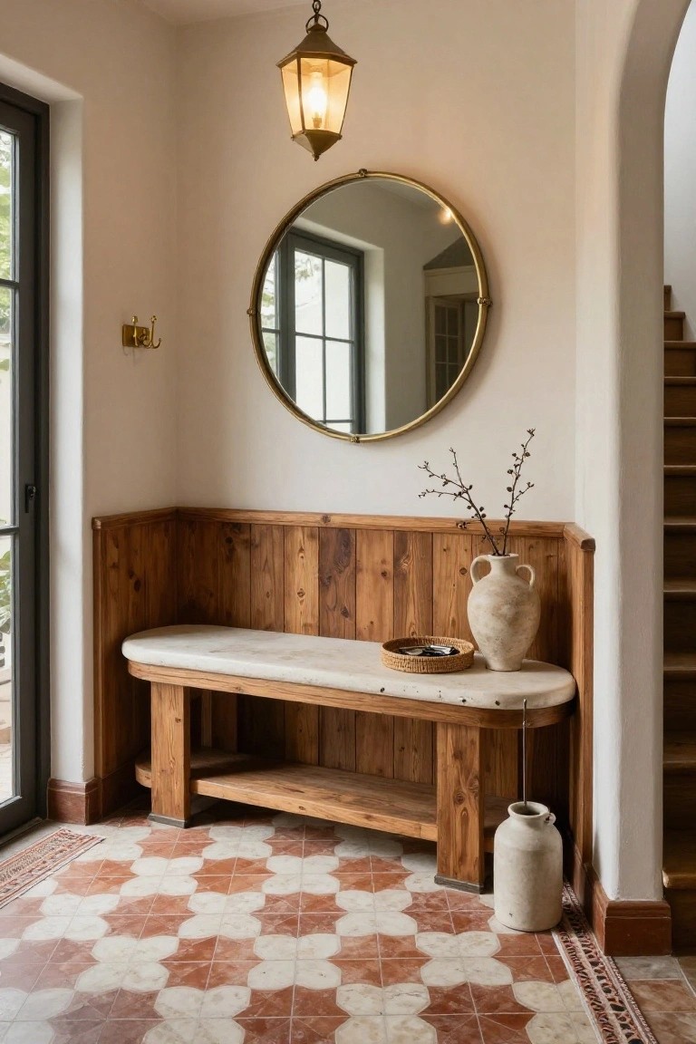 A wooden built-in bench with a marble seat is set against paneled walls in a tiled entryway with a round mirror above it.