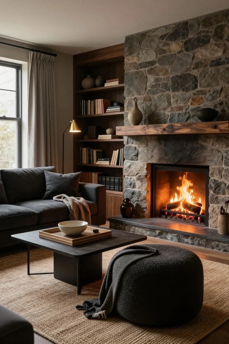 A living room interior with a large stone fireplace, built-in wooden bookshelves on the left, a dark sofa, coffee table, and woven rug.