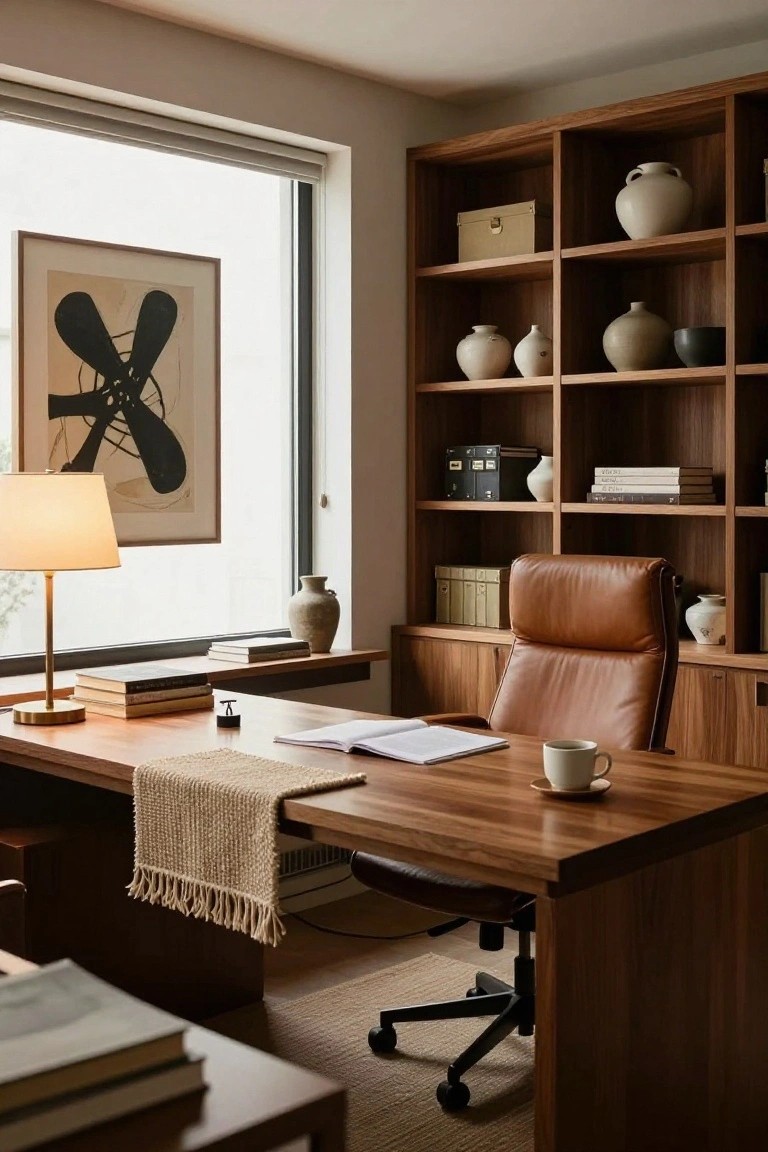 A home office with a wooden desk, brown leather chair, and built-in wooden bookshelves holding books and pottery beside a large window.