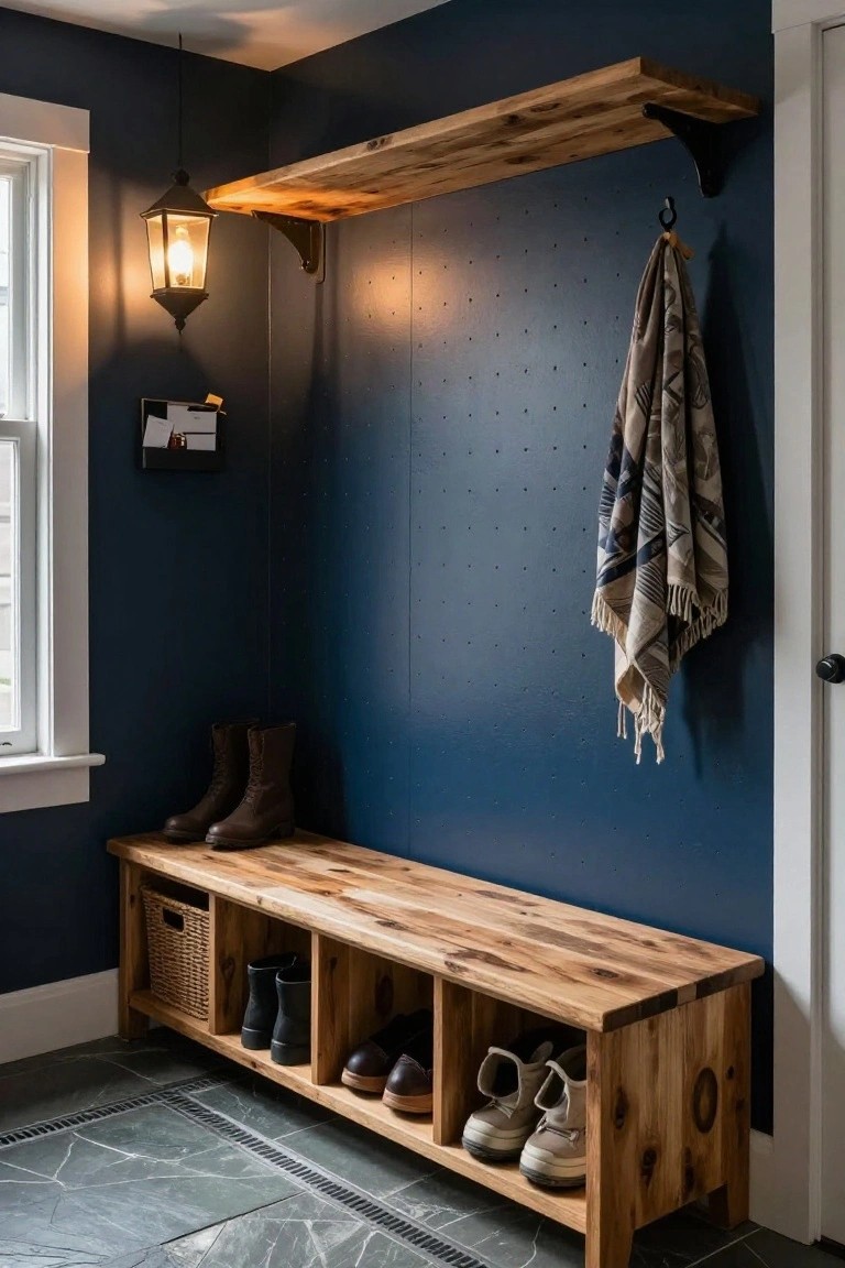 Wooden bench with shoe cubbies against dark blue wall, scarf and lantern above
