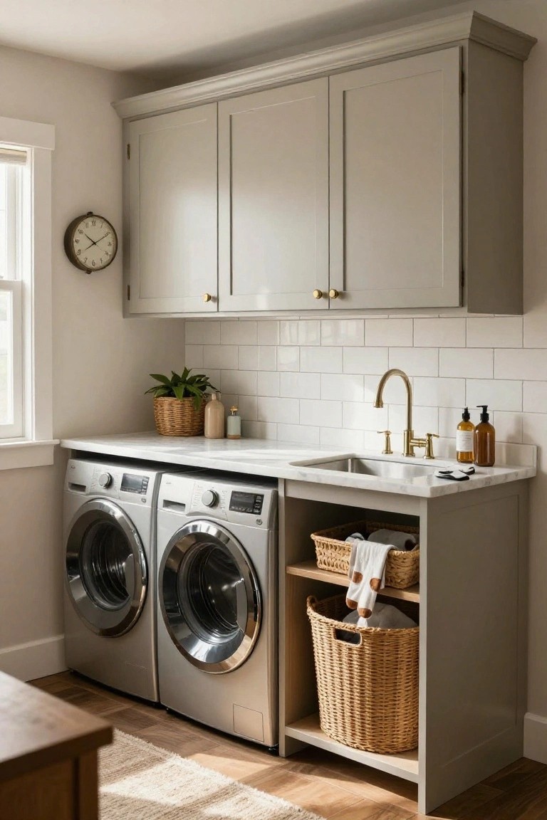 A laundry room featuring two front-loading washers, upper gray cabinets, a marble countertop with sink and faucet, and open lower shelves holding wicker baskets.