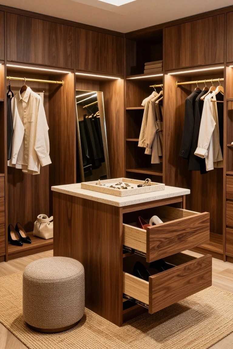 A walk-in closet with dark wood cabinetry, a central island with open drawers showing shoes, and a marble top holding jewelry trays.