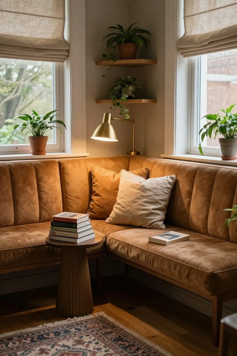 A brown L-shaped velvet sofa sits in a corner between two windows, with plants on shelves, a brass lamp, and a small round table holding stacked books.