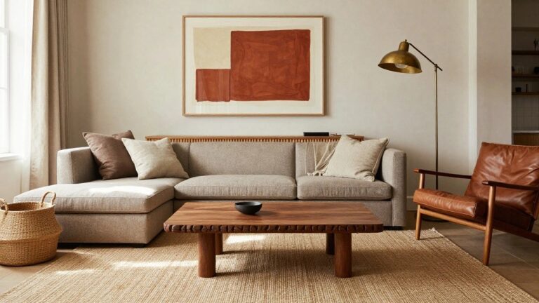 A living room with a beige fabric sofa, two brown leather armchairs, a wooden coffee table on a jute rug, and a large abstract painting on the wall.