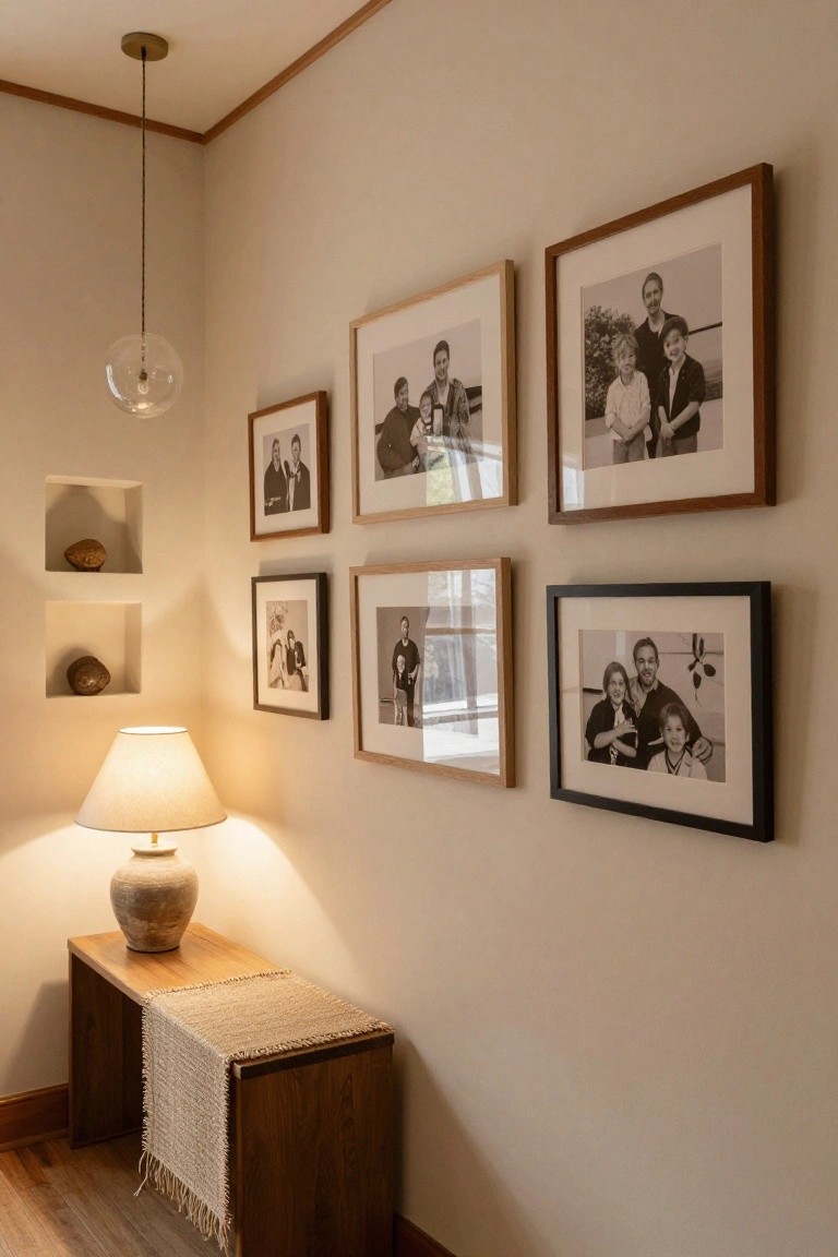 A light-colored interior wall displays multiple black and white family photographs in mixed wood and black frames above a wooden console table holding a lamp.