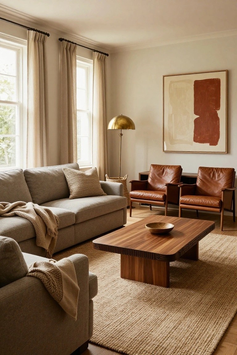 A living room with a beige fabric sofa, two brown leather armchairs, a wooden coffee table on a jute rug, and a large abstract painting on the wall.