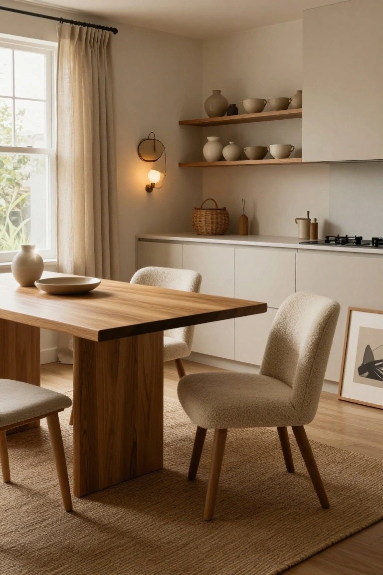A wooden dining table with upholstered boucle chairs sits on a woven rug in a kitchen with open wooden shelves holding pottery and white lower cabinets.