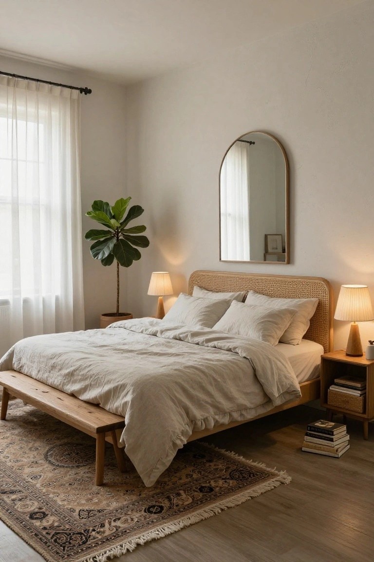 A bedroom featuring a low wooden bed with a woven rattan headboard, white linen bedding, two wooden nightstands with lamps, an arched wall mirror, a large patterned rug, and a potted fiddle leaf fig plant near a window.