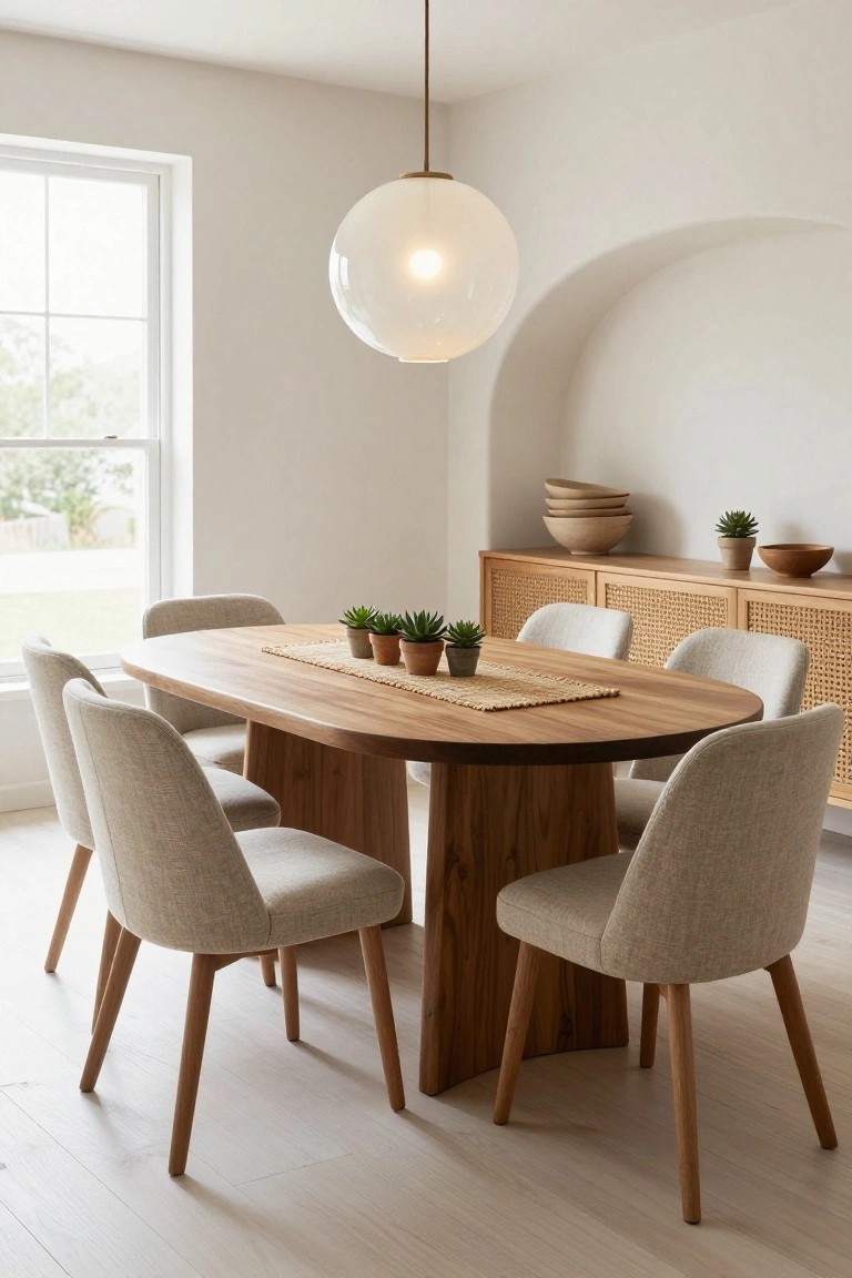 An oval wooden dining table with a thick pedestal base sits in a light room, surrounded by six upholstered chairs and topped with a woven runner and small potted plants.