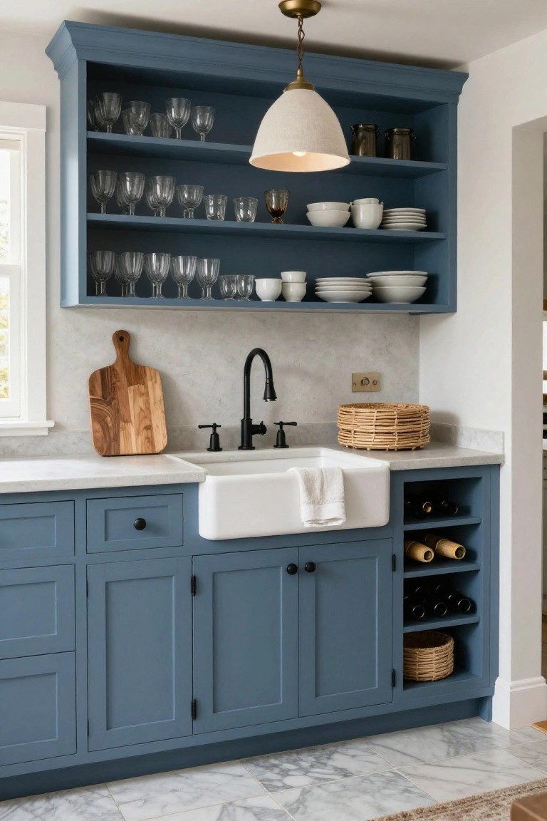 A kitchen interior featuring blue painted cabinetry, open upper shelves holding dishes and glassware, a white farmhouse sink with a black faucet, and a built-in wine rack on the right.