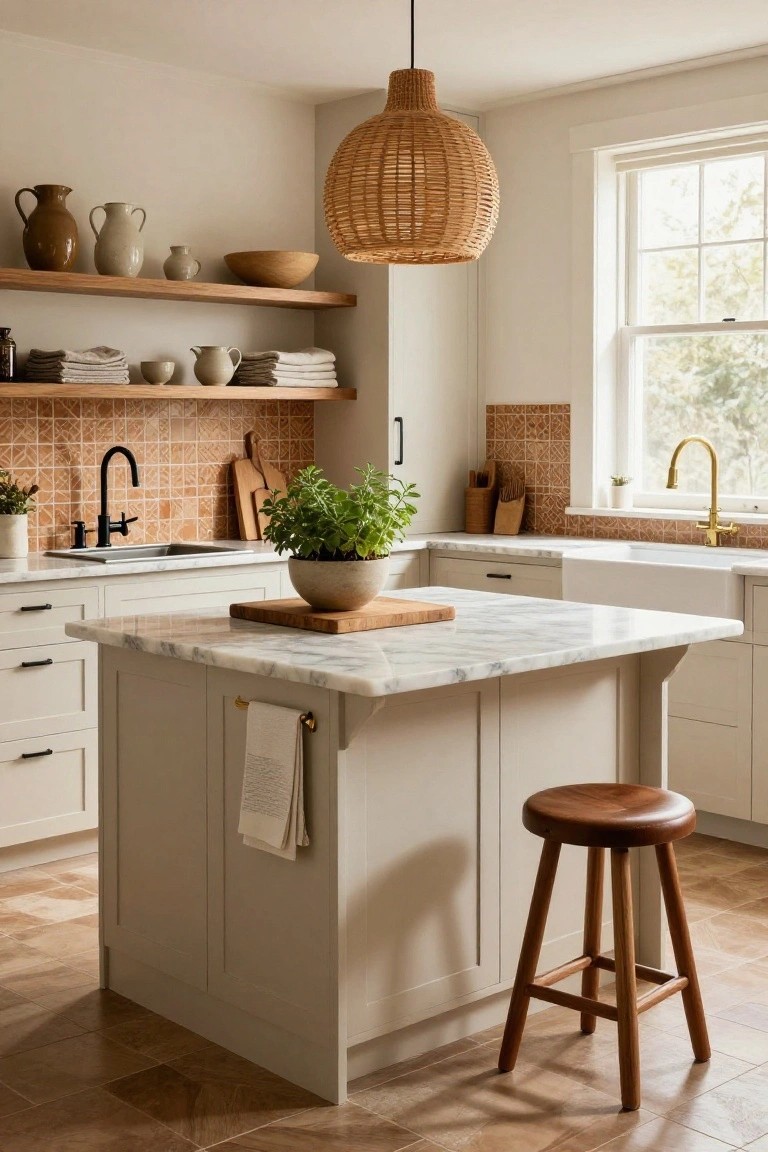 A bright kitchen with a marble-topped island, wooden stool, open wood shelves holding pottery and linens, and a terracotta tile backsplash.