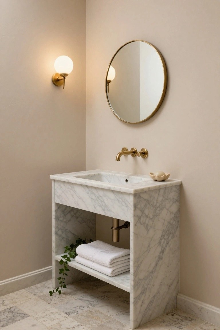 A marble bathroom vanity with an open lower shelf holding stacked white towels and a trailing plant, positioned below a round mirror with a wall sconce to the left.