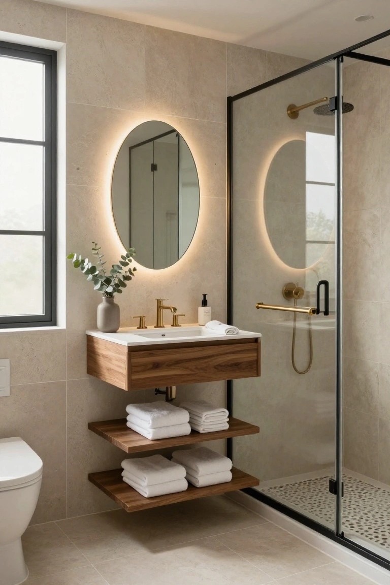 A modern bathroom featuring a floating wood vanity with open lower shelves holding folded white towels, a backlit round mirror above the sink, and a glass shower enclosure to the right.