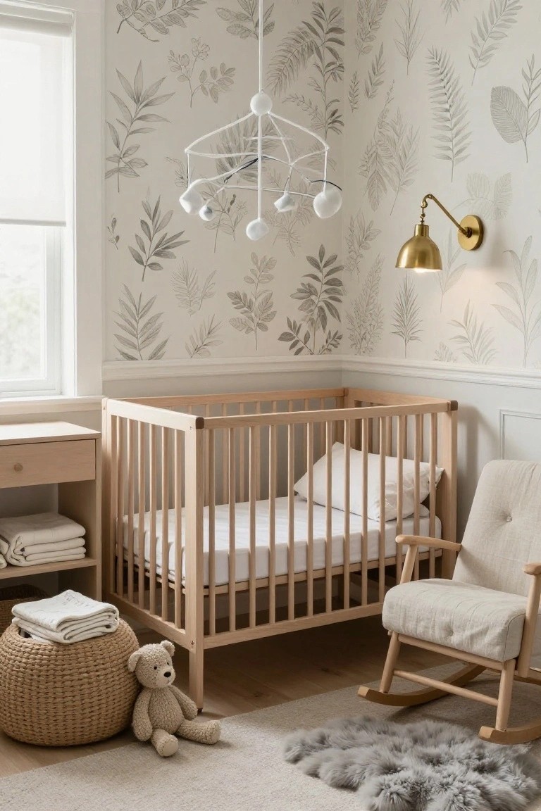 A nursery with light wood crib, rocking chair, and leaf-patterned wallpaper on the walls.