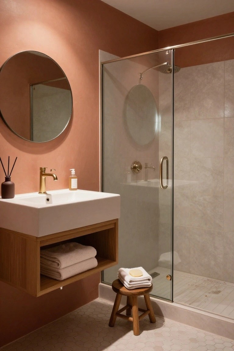 A bathroom interior with terracotta painted walls, a white floating sink on a wooden vanity, a round mirror, and a glass shower enclosure.
