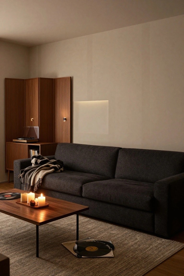 Modern living room with dark sofa, wooden table, lit candles, and vinyl records
