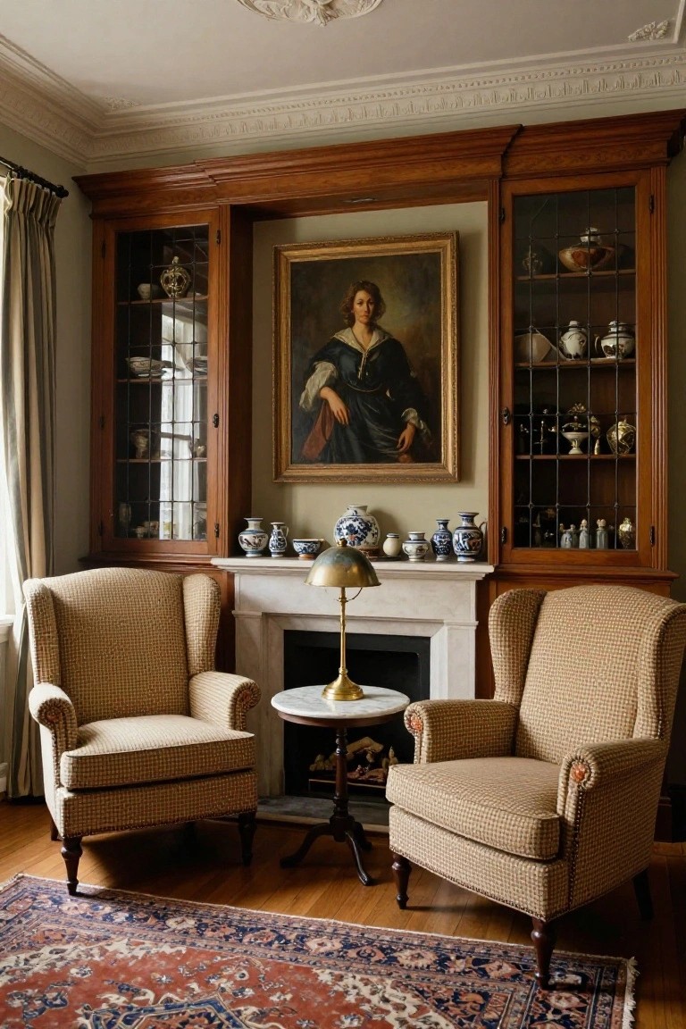A living room with two upholstered armchairs facing a fireplace, flanked by tall wooden built-in cabinets with glass doors and a large portrait centered above the mantel.