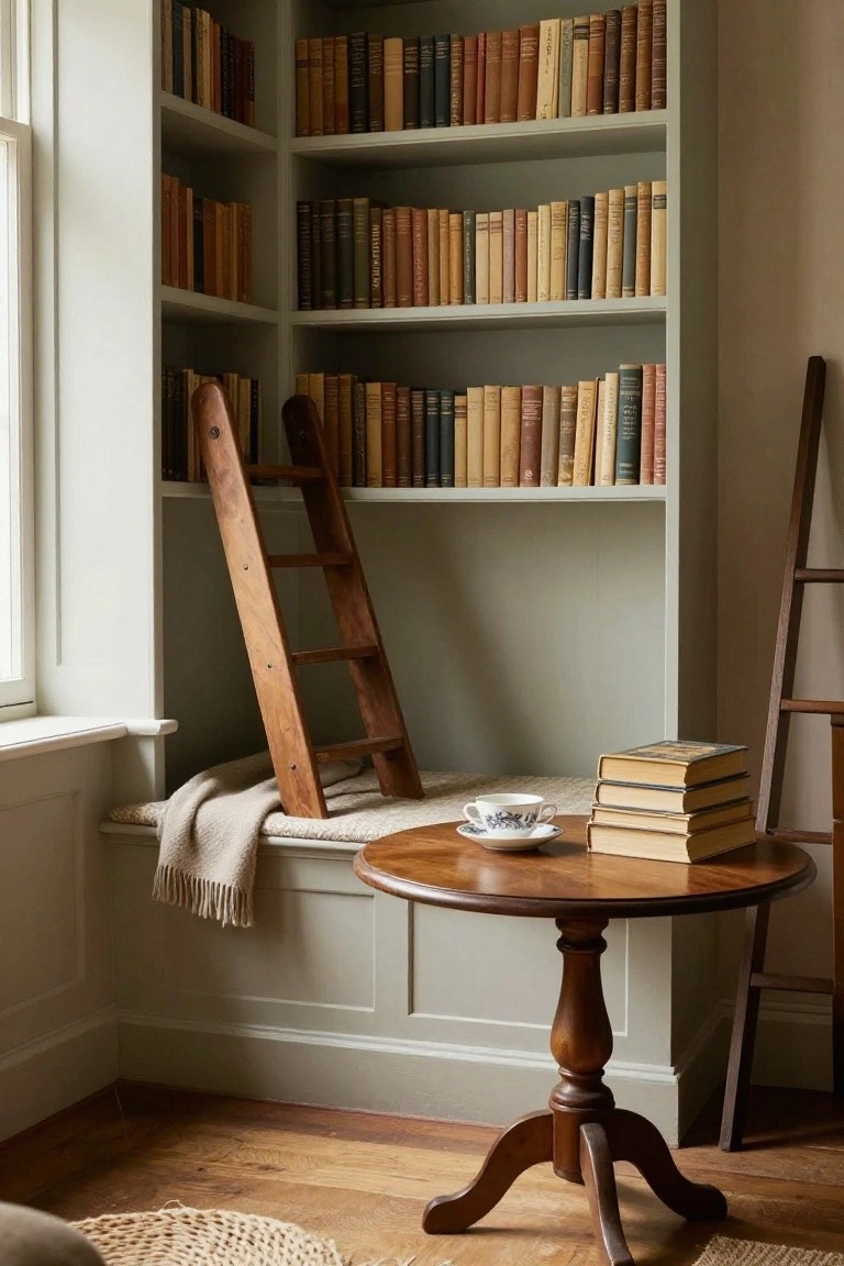 Corner of a room showing built-in white bookshelves filled with books, a wooden library ladder, a cushioned window seat, and a round wooden table holding stacked books and a teacup.