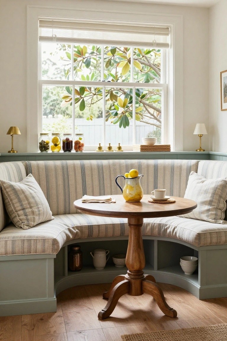 A curved built-in bench with striped fabric cushions sits beneath a large multi-pane window, with open storage compartments visible below the seat and a round wooden table in front.
