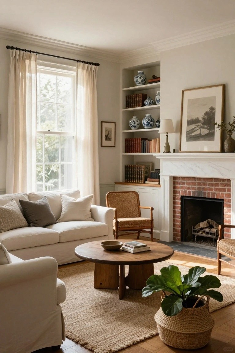 A bright living room with a white sofa facing a round wood coffee table, a brick fireplace with white mantel, built-in shelves holding books and blue and white ceramics, and a large window with sheer curtains.
