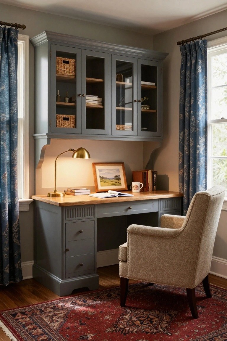 A gray built-in desk and upper cabinet unit with a wooden top, brass task lamp, framed art, and an upholstered chair on a red patterned rug.