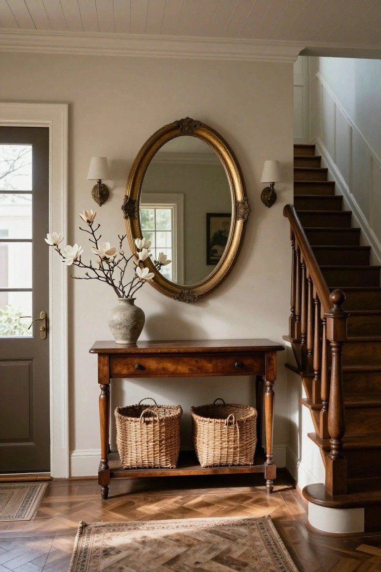 A wooden console table holding a vase of magnolia branches sits beneath an oval gold mirror, with two wicker baskets stored on the lower shelf in a light entryway next to a wooden staircase.