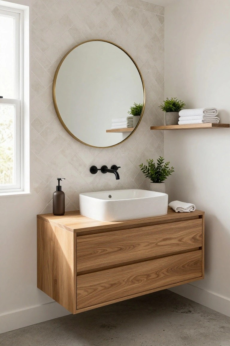 A bathroom with a floating oak vanity holding a white vessel sink, black wall-mounted faucet, round gold mirror on herringbone tile, and two small floating shelves.