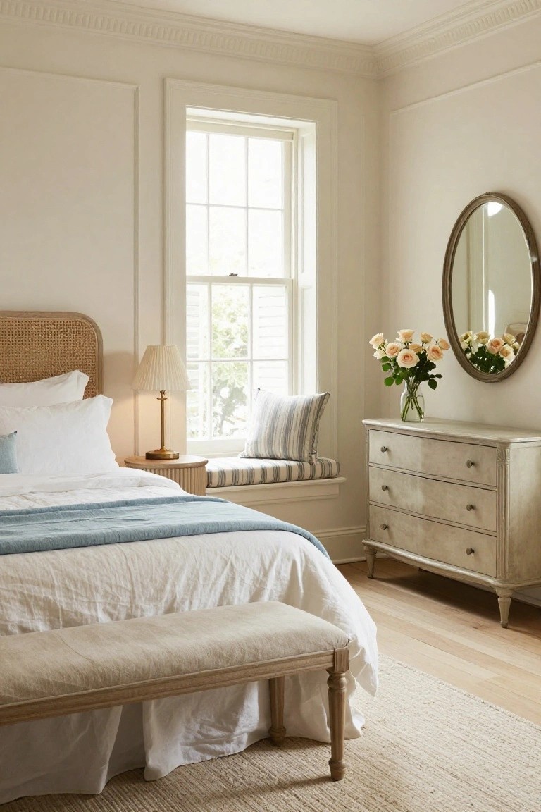 A bright bedroom with white bedding, a cane headboard, a window seat with striped pillows, and a light wood dresser topped with flowers.