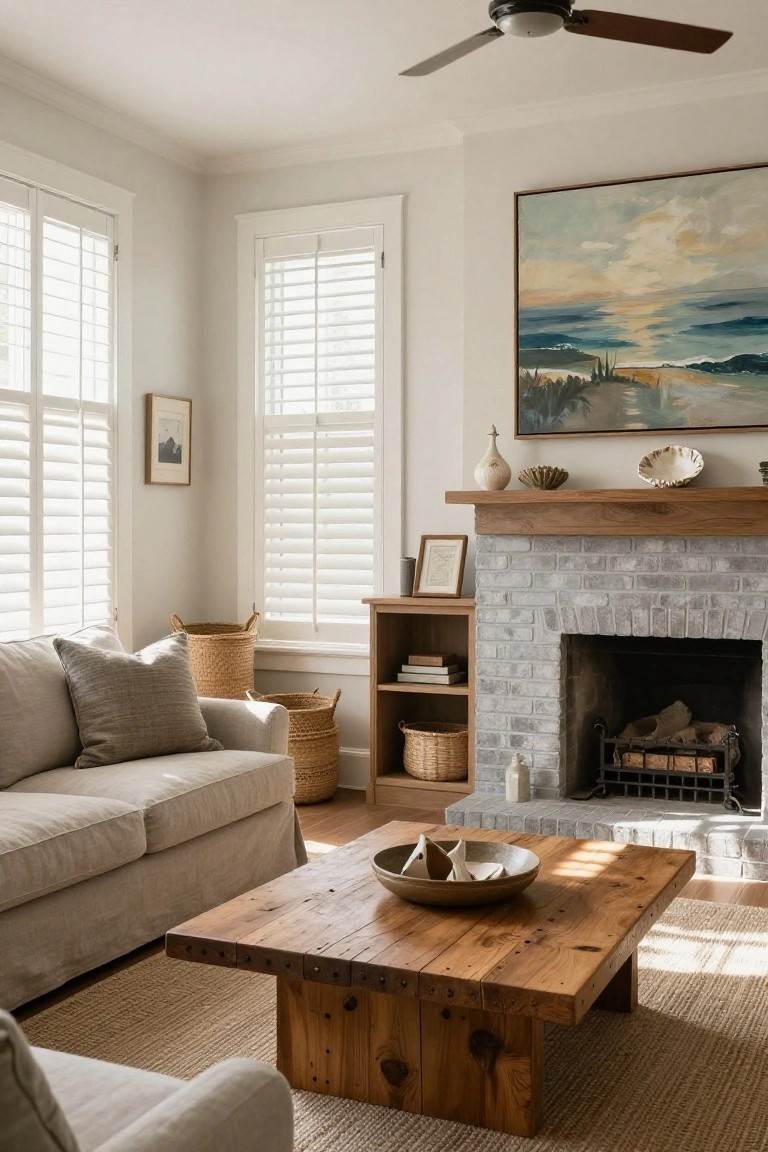 Bright living room with beige sofa, rustic wood coffee table, and brick fireplace