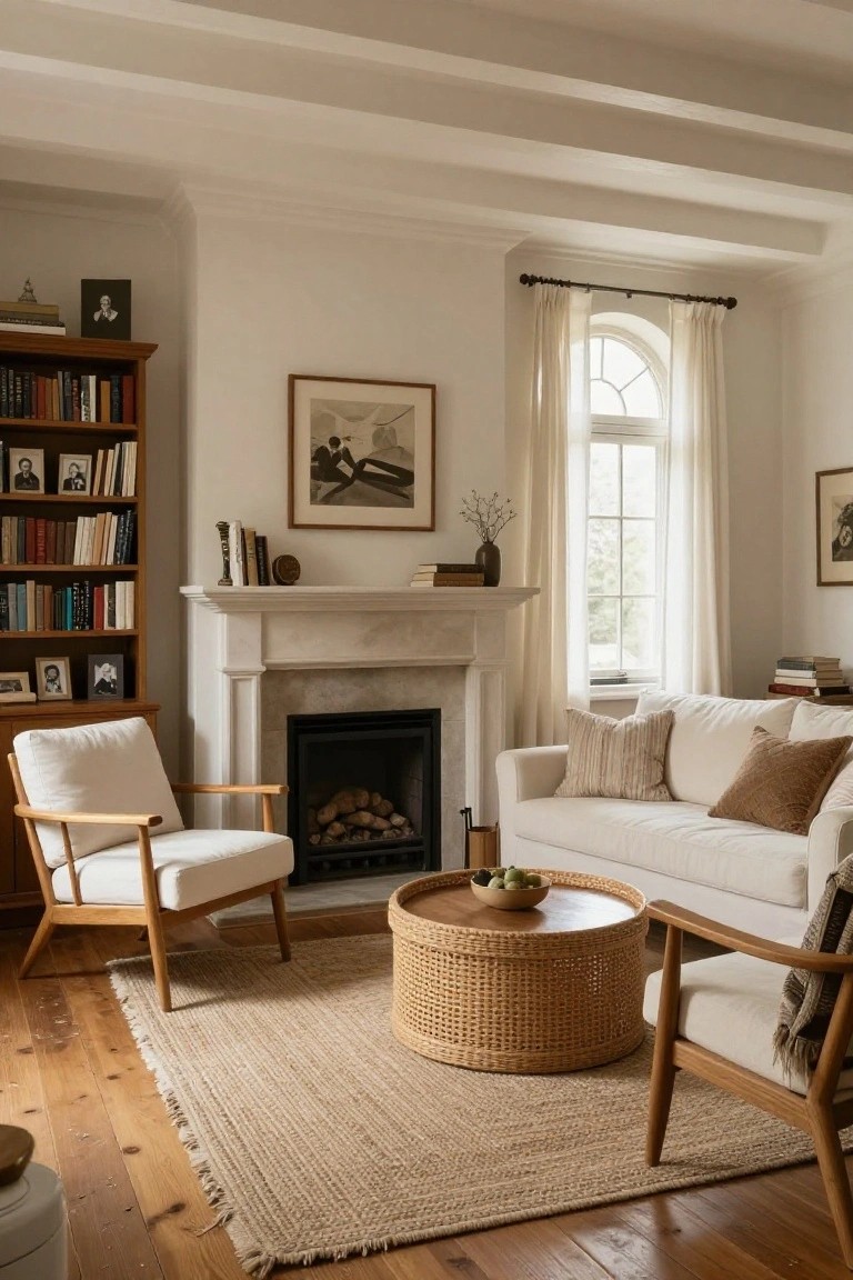 A living room with white upholstered sofa and armchairs around a fireplace, a woven coffee table on a jute rug, and built-in bookshelves on the left.