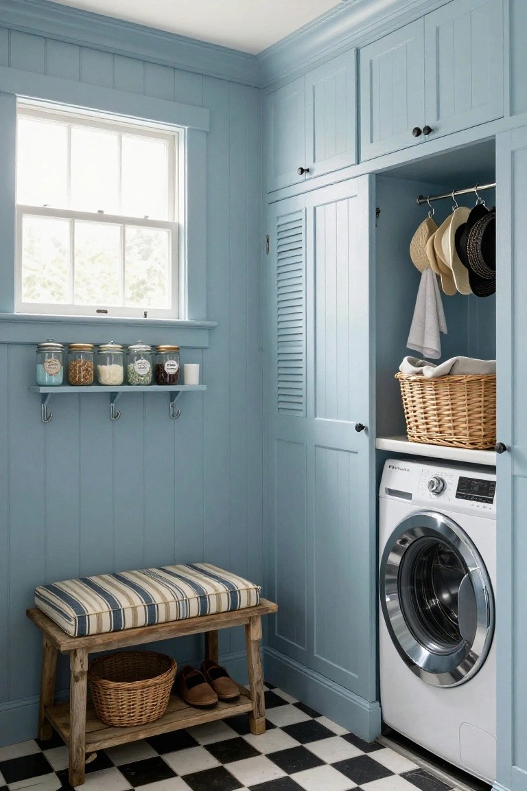 A laundry room with pale blue walls and built-in cabinets, a front-loading washing machine, a window above a small shelf of glass jars, and a wooden bench with a striped cushion on a black and white checkered floor.