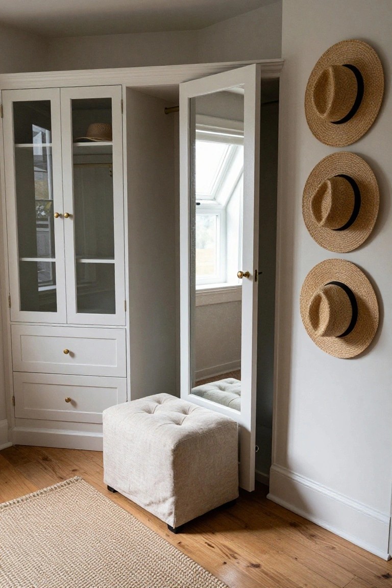 A white built-in cabinet with glass doors sits beside an open door fitted with a mirror, with three straw hats mounted on the wall to the right.