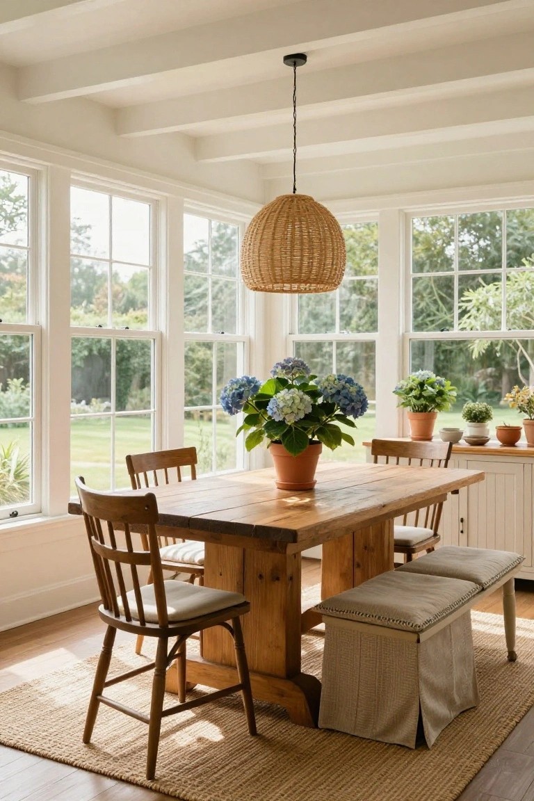 A wooden dining table with mixed chairs and benches sits in a bright room surrounded by large windows and a woven pendant light.