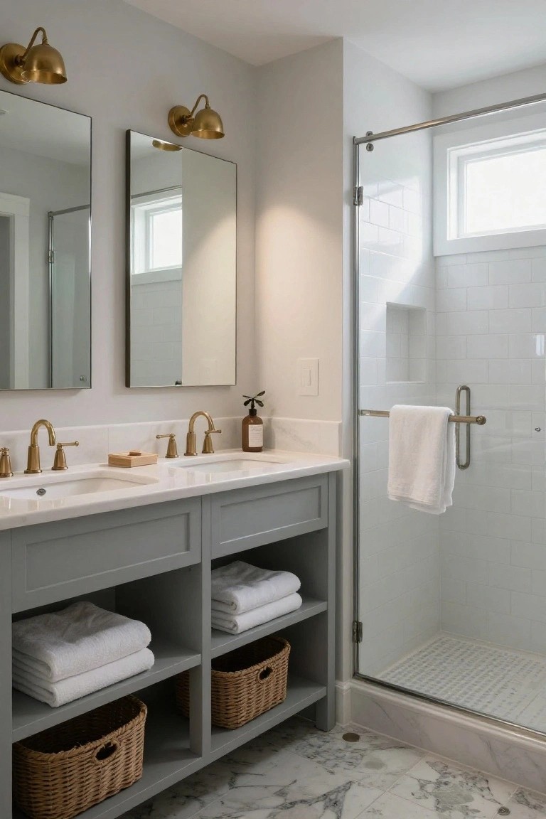 Gray double vanity with marble top, gold fixtures, open towel shelves, and glass shower.
