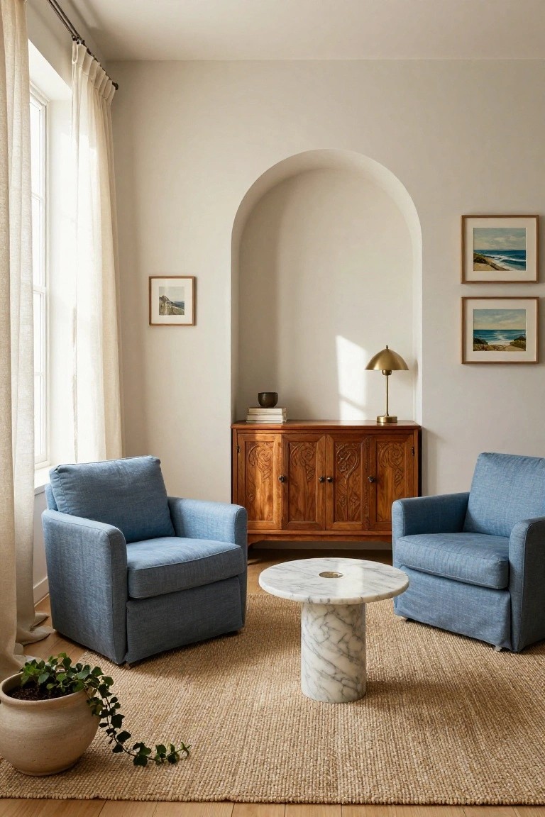 A light-filled room with two blue upholstered chairs facing a round marble table on a woven rug, and a carved wooden cabinet set inside a tall arched alcove.