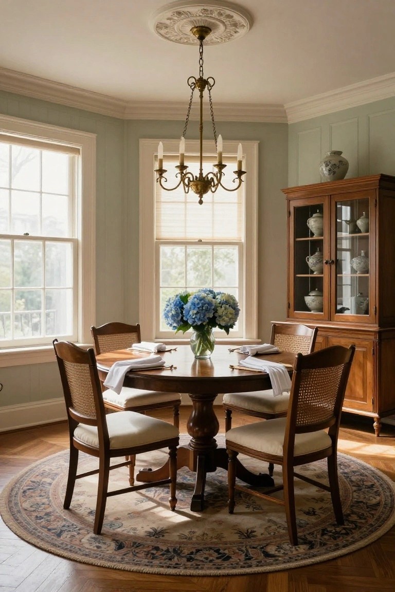 A round wooden dining table with four cane-back chairs on a large round rug in a light green dining room with white trim, multiple windows, and a brass chandelier.