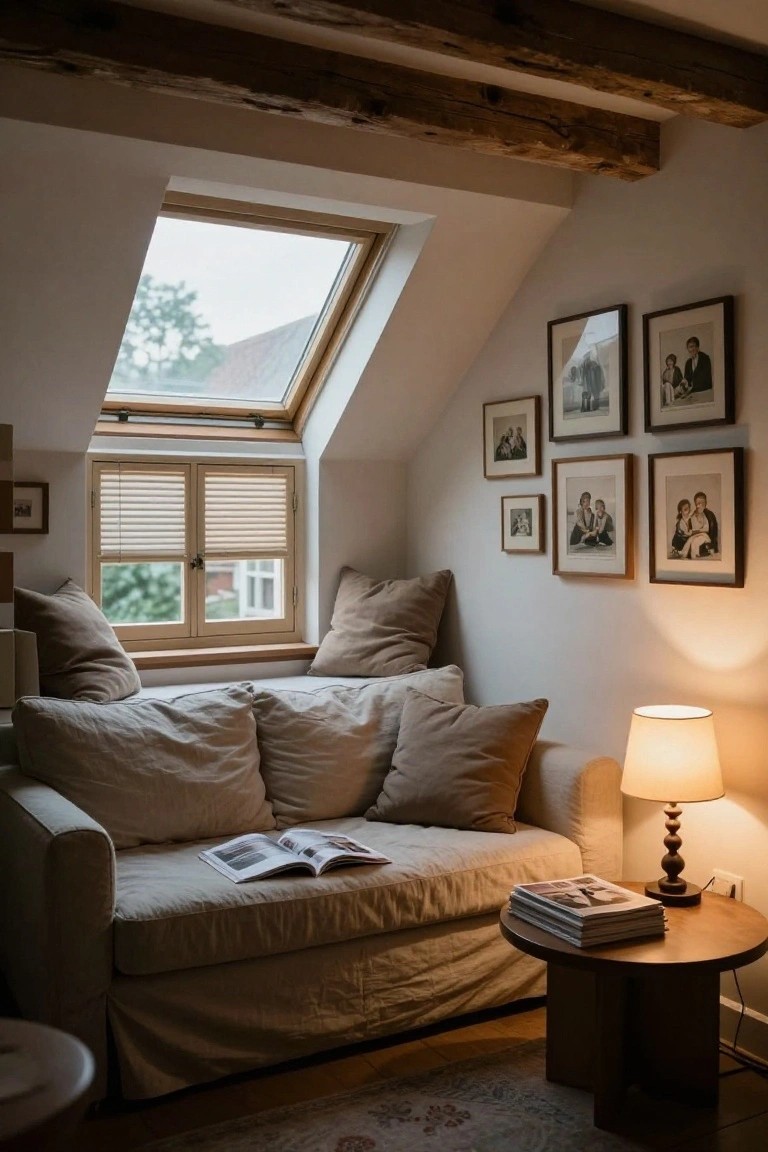 A beige sofa with multiple pillows sits below a skylight in an attic room, with framed photos on the sloped wall and a lit table lamp nearby.